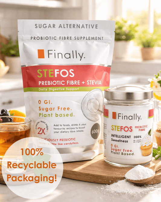 Finally STEFOS prebiotic fibre supplement packaging on a kitchen counter with '100% Recyclable Packaging!' text.