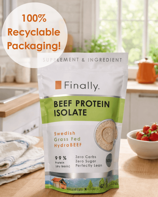 Beef protein isolate package with 'Finally' branding on a kitchen counter.