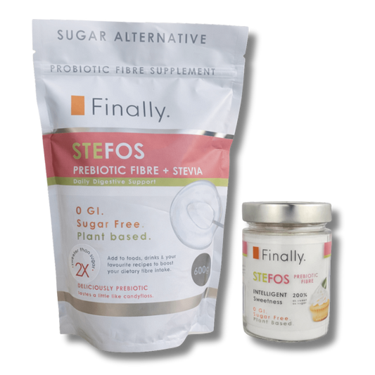 Two products from Finally: a package of STEFOS prebiotic fibre + stevia and a jar of STEFOS intelligent sweetness on a white background.