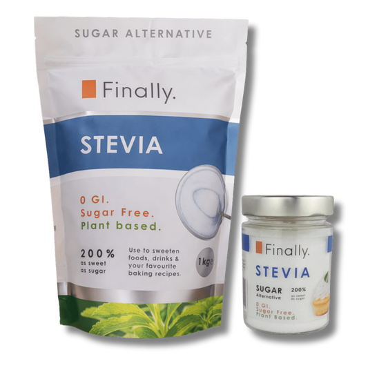 Finally. Stevia in jar and pouch with 'Finally' branding on a white background