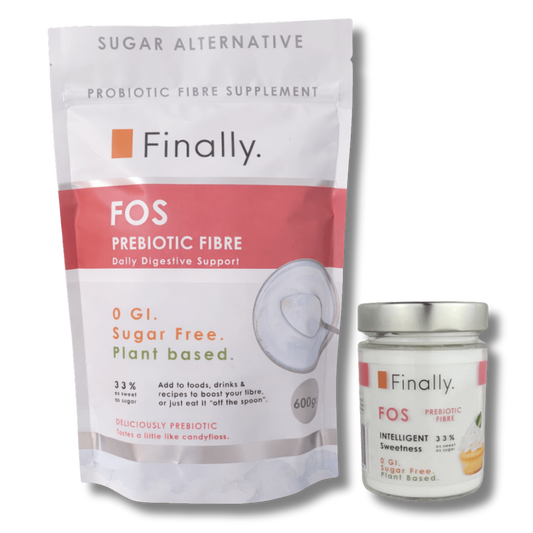 Finally FOS prebiotic fibre supplement packaging on a white background
