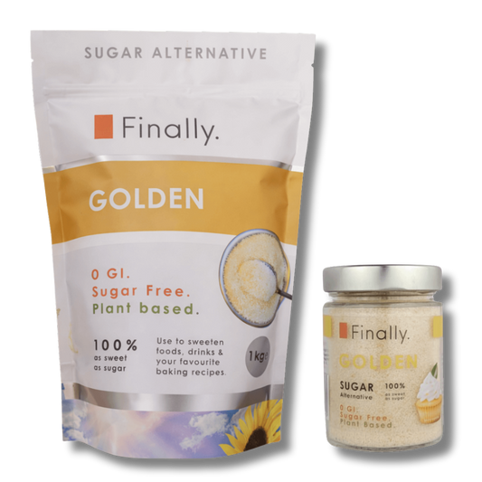 Finally Golden sugar alternative packaging and jar on a white background