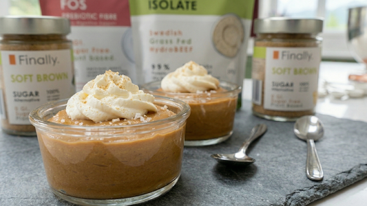 Salted caramel keto mousse made with Finally. HydroBeef protein and Soft Brown Sugar Alternative