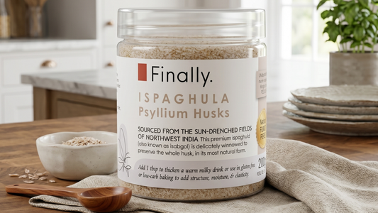 Jar of Finally. Ispaghula Psyllium Husks — a keto baking and fibre supplement staple