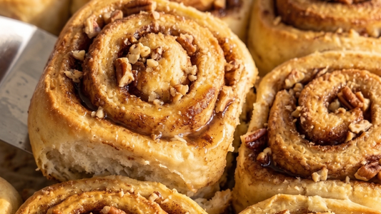 Keto sticky cinnamon and pecan rolls on a plate