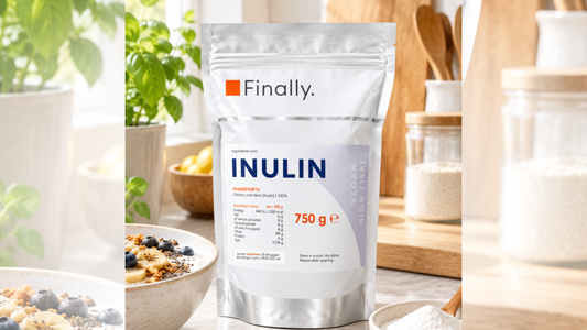 Finally. Inulin 750g pouch on a kitchen counter beside a bowl of yoghurt, fruit and seeds.