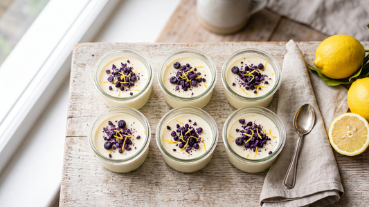 Keto lemon posset topped with crushed freeze-dried blueberries and lemon zest