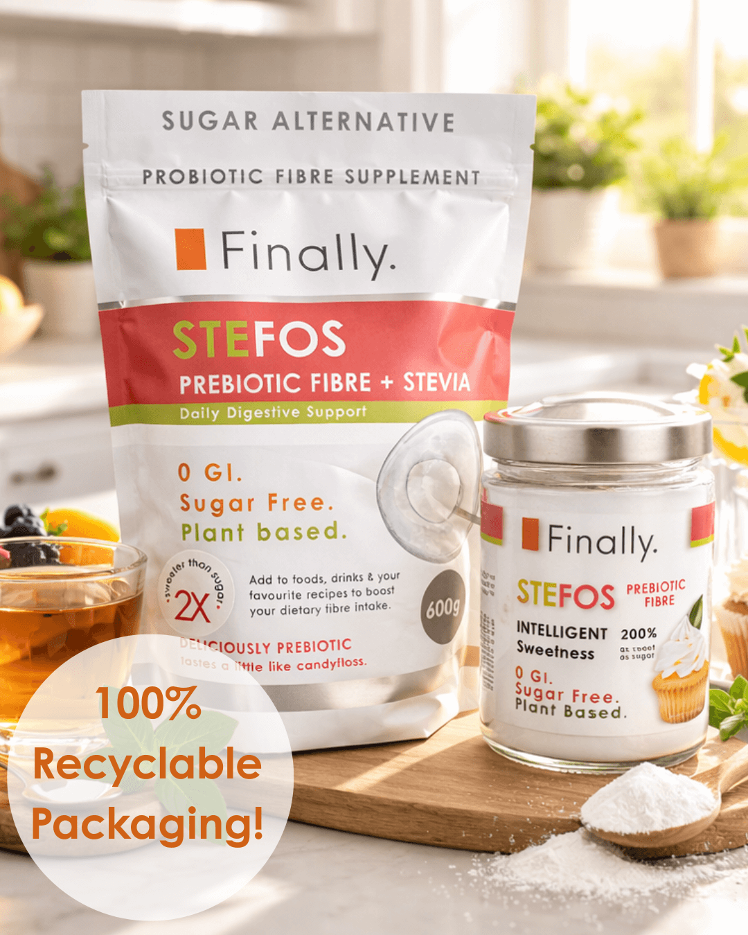 Finally STEFOS prebiotic fibre supplement packaging on a kitchen counter with '100% Recyclable Packaging!' text.