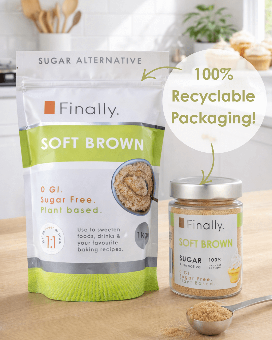 100 % recyclable Packaging of Finally Soft Brown Sugar Alternative on a kitchen counter with a spoonful of the product. 