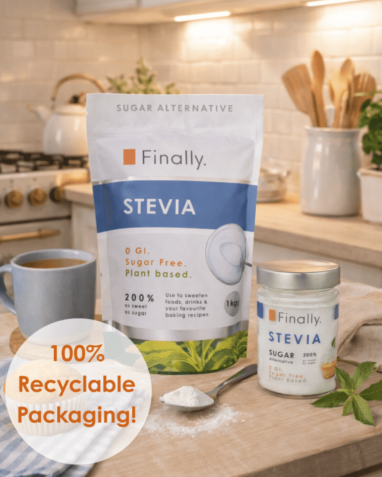 Finally. Stevia product packaging on a kitchen counter with 'Finally' branding.