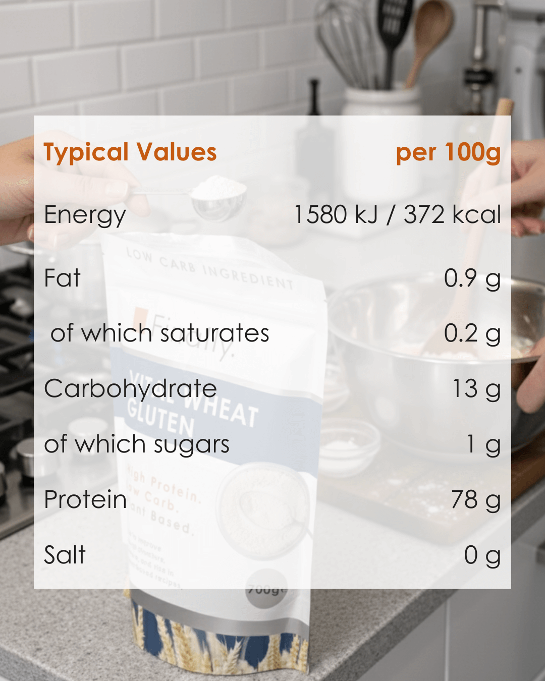 Finally. Vital Wheat Gluten with nutritional information overlay in a kitchen setting