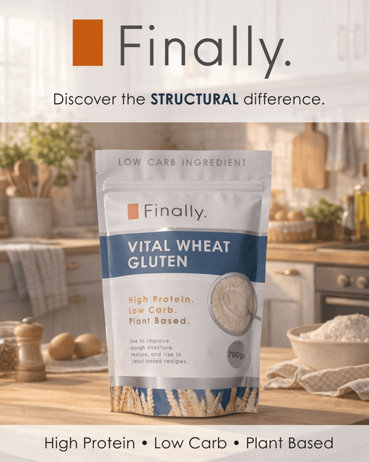 Package of Finally Vital Wheat Gluten on a kitchen counter with 'Finally' branding.