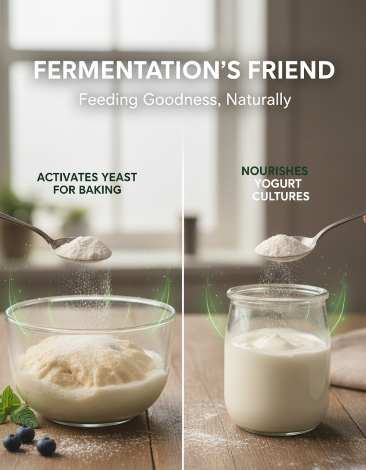 Two images showing a spoonful of Finally FOS being added to a bowl of dough and a jar of yogurt, with text about fermentation.