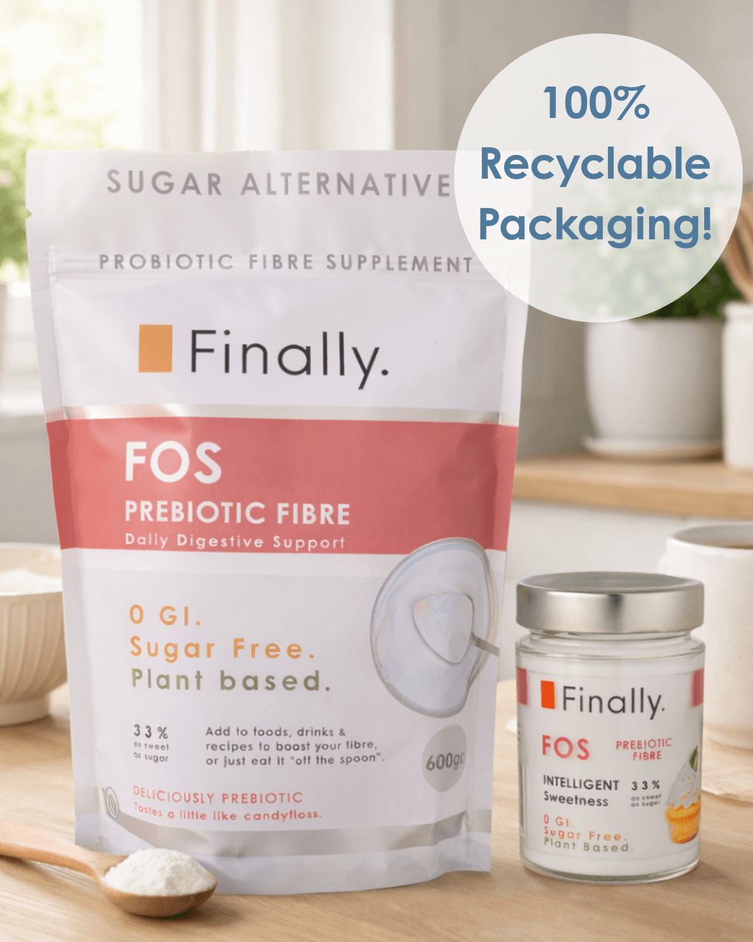 FOS prebiotic fibre supplement packaging with 'Finally' branding on a wooden surface.