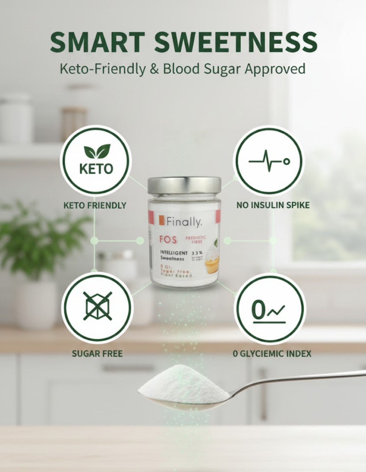 Keto-friendly Finally. FOS container with health benefits displayed on a blurred kitchen background