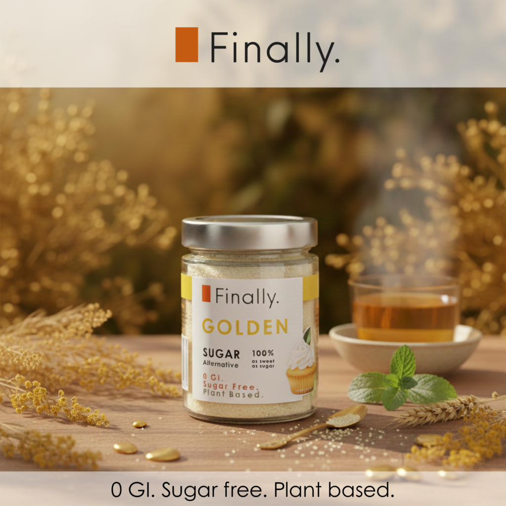 Jar of Finally Golden Sugar on a wooden surface with a blurred background