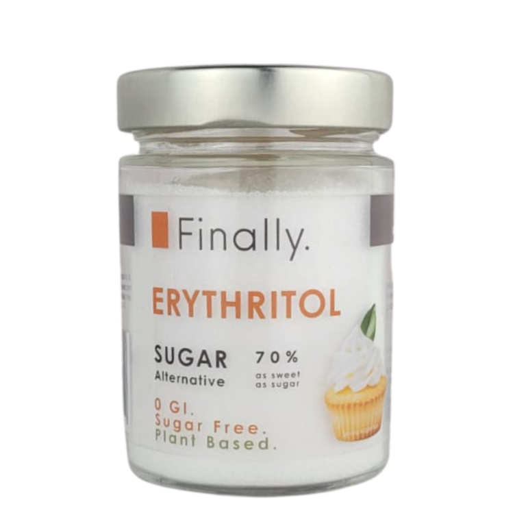 Jar of Finally. Erythritol on a white background