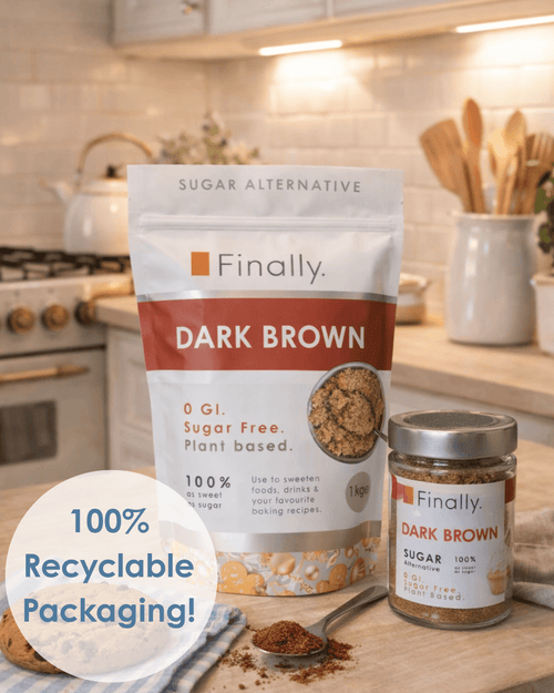 Finally. Dark brown sugar alternative package and jar on a kitchen counter with 'Finally' branding.