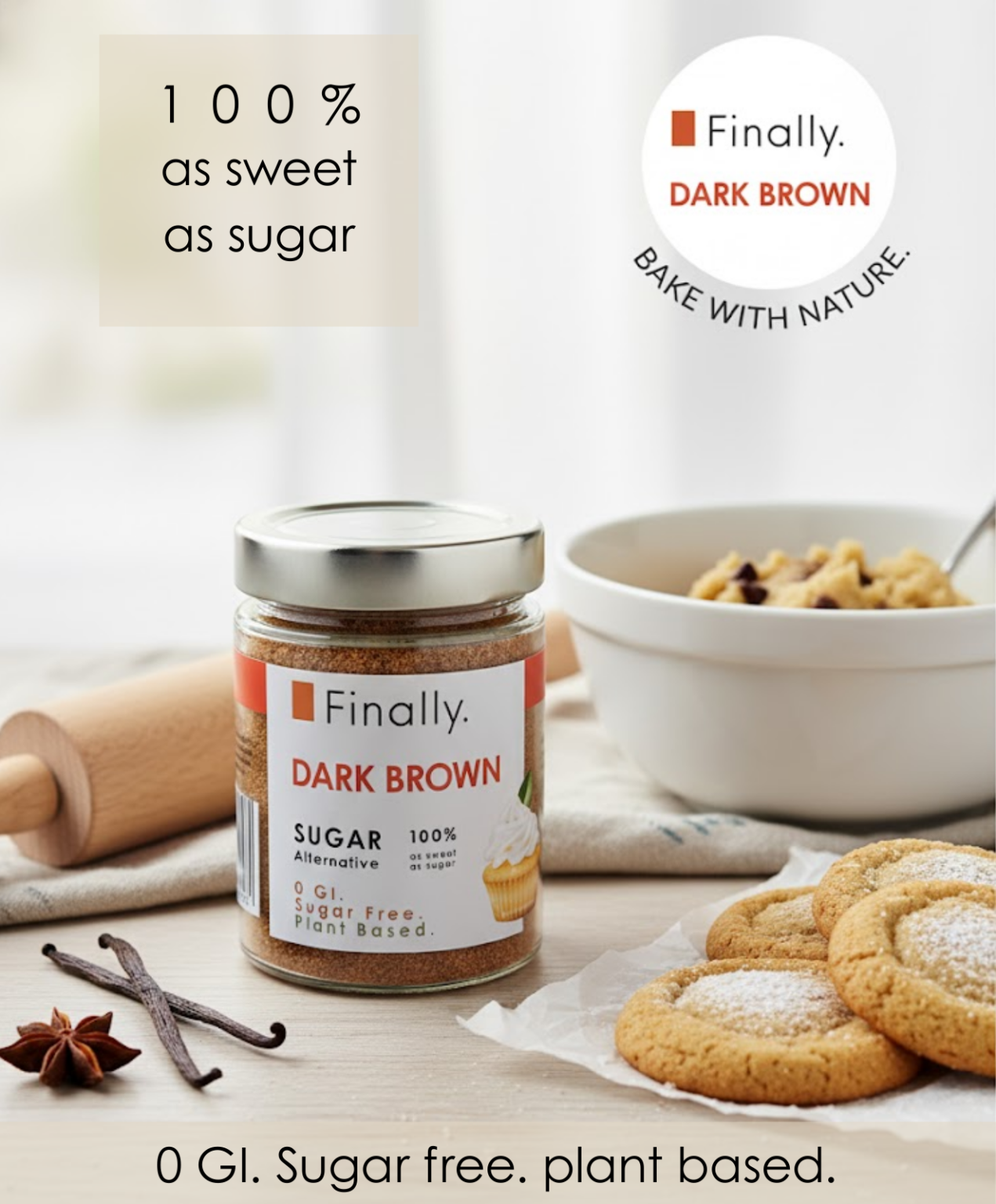 Jar of Finally Dark Brown Sugar Alternative on a kitchen counter with cookies and a bowl of cereal.