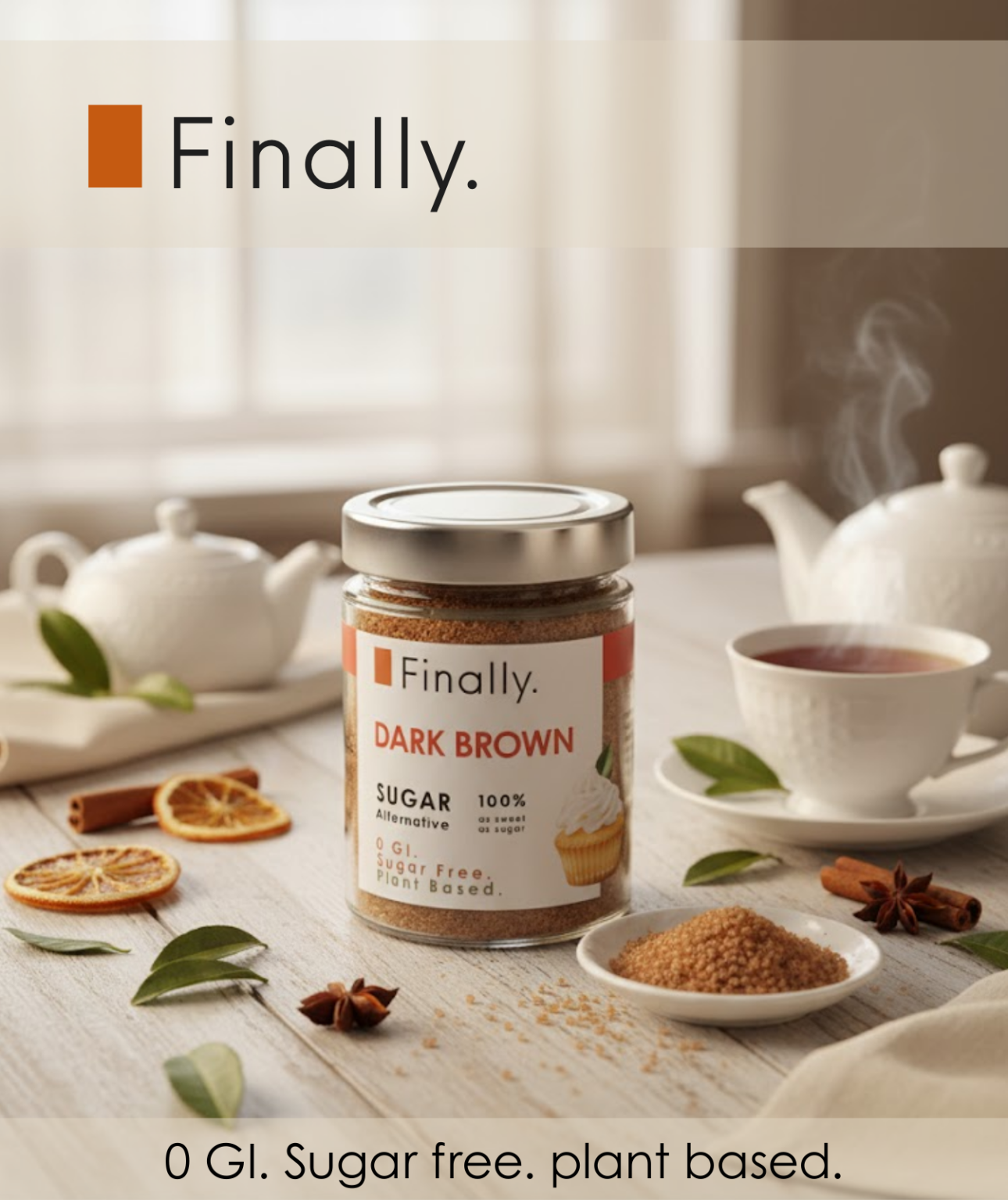 Jar of Finally Dark Brown Sugar Alternative on a table with tea and spices