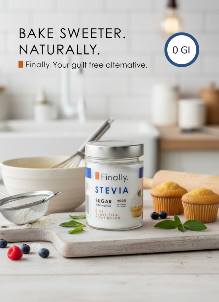 Finally Stevia jar on a kitchen counter with cupcakes and text about guilt-free baking.