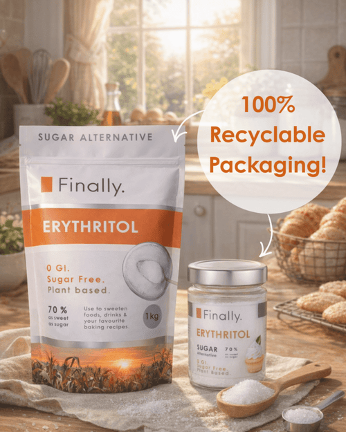 Finally. Erythritol packaging with 'Finally' branding on a kitchen counter. 100% recyclable packaging label 