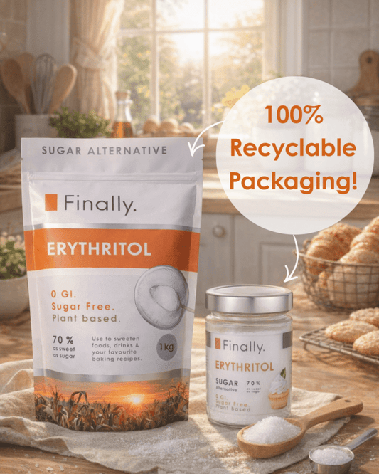 Finally. Erythritol packaging with 'Finally' branding on a kitchen counter. 100% recyclable packaging label 