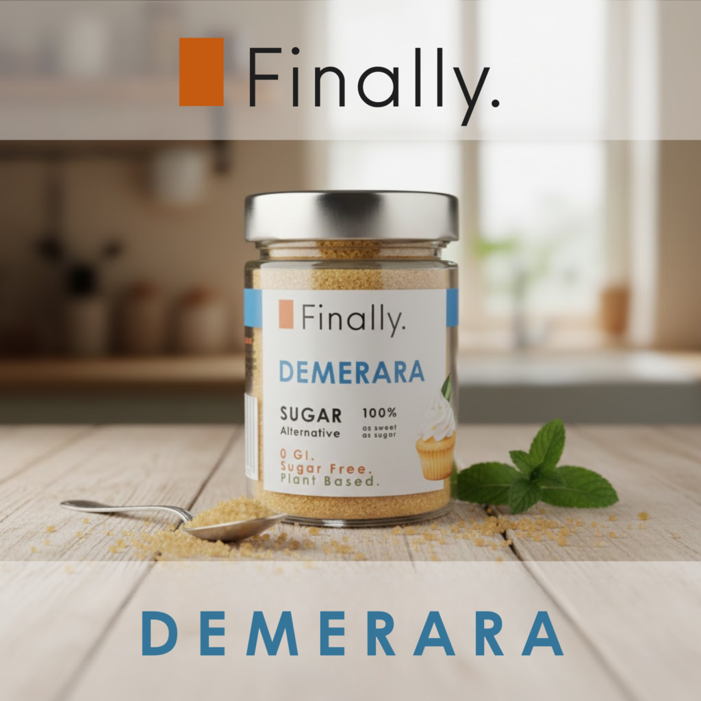 Jar of Finally Demerara sugar on a kitchen counter with 'Finally' branding.