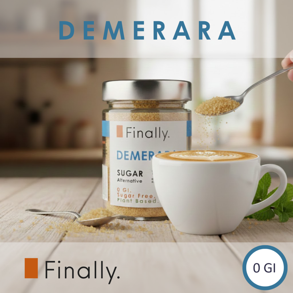 Jar of Demerara sugar, spoonful being added to a cup of coffee, with 'Finally.' branding.