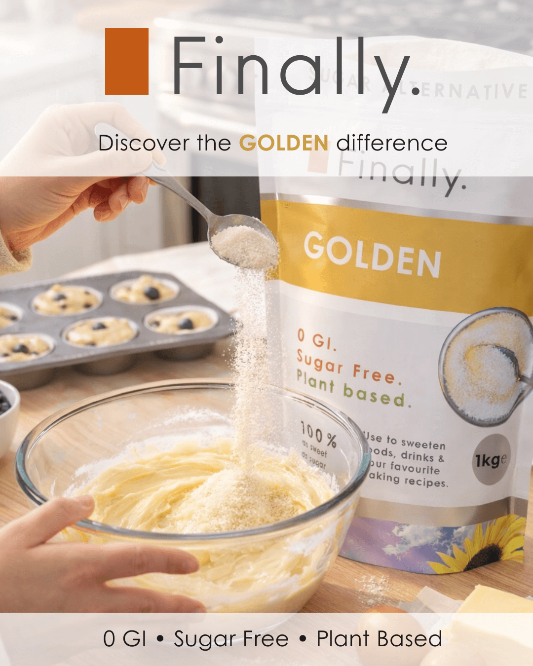 Person pouring powder into a bowl with a bag of 'Finally Golden' in the background.