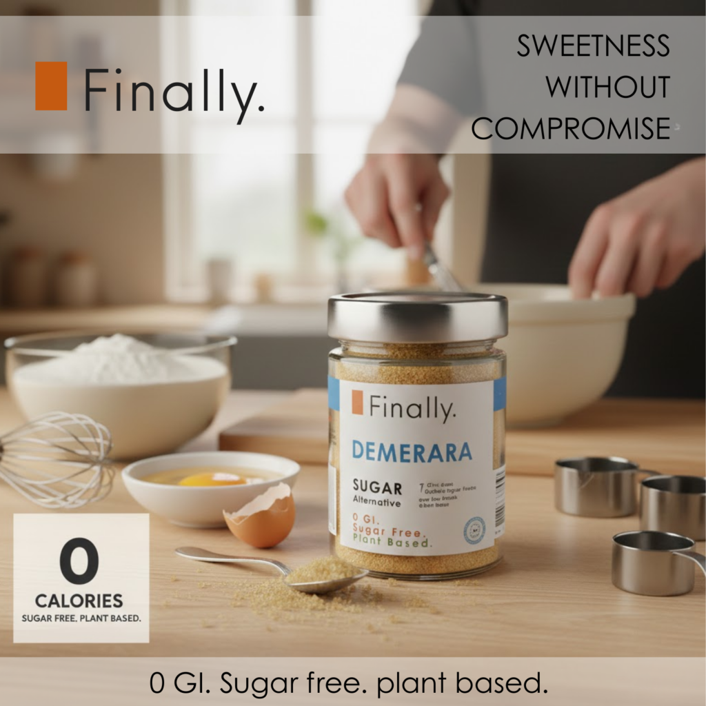 Jar of Finally Demerara Sugar on a kitchen counter with cooking utensils and ingredients.