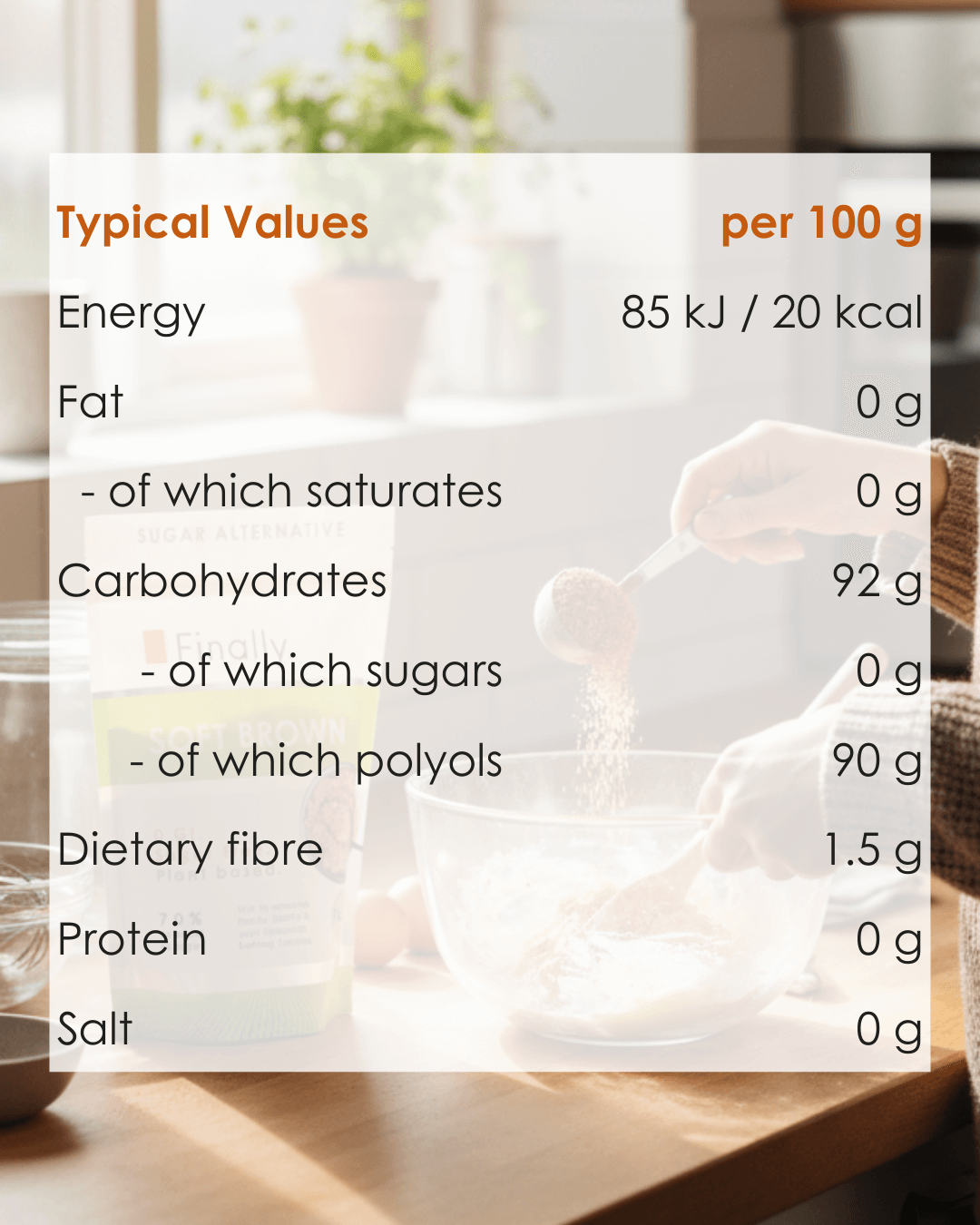 Nutritional information for Finally. Soft Brown overlay on a blurred background of a kitchen scene with a bowl of cereal.