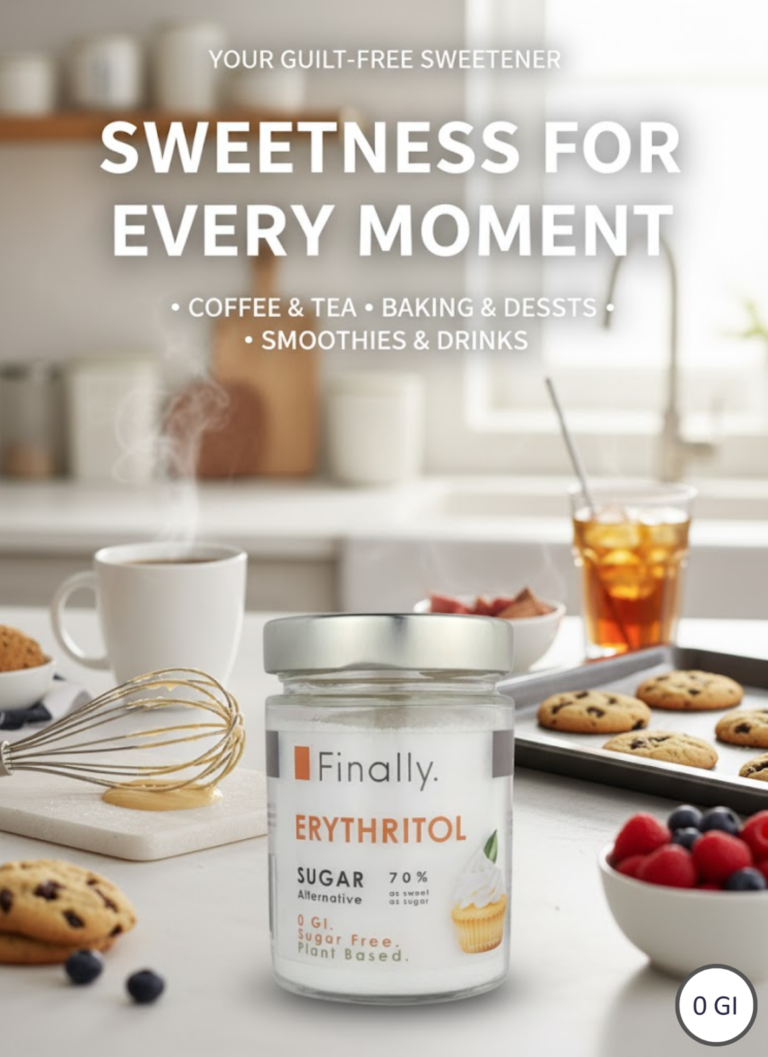 Jar of Finally. Erythritol with kitchen background featuring cookies, berries, and a cup of tea.