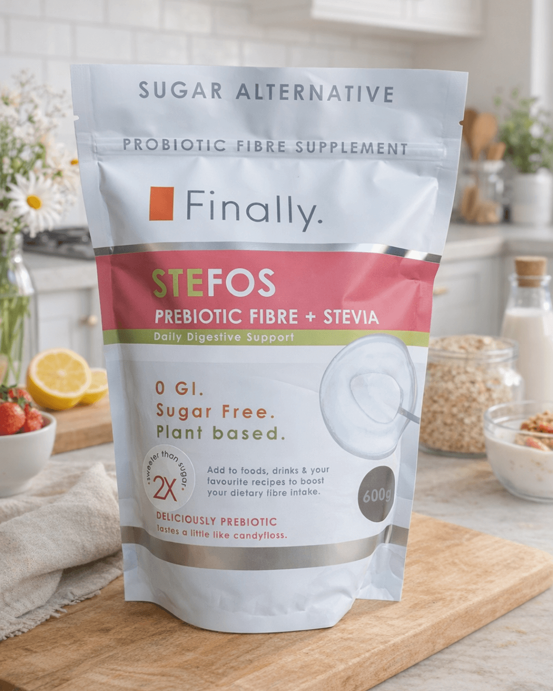 Package of Finally Stefos prebiotic fibre supplement on a kitchen counter