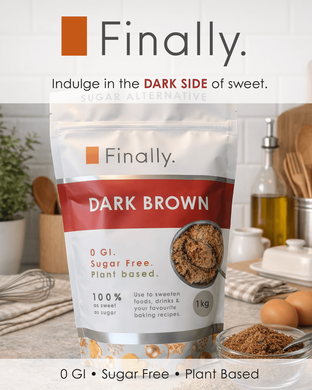 Bag of Finally Dark Brown sugar substitute with kitchen background