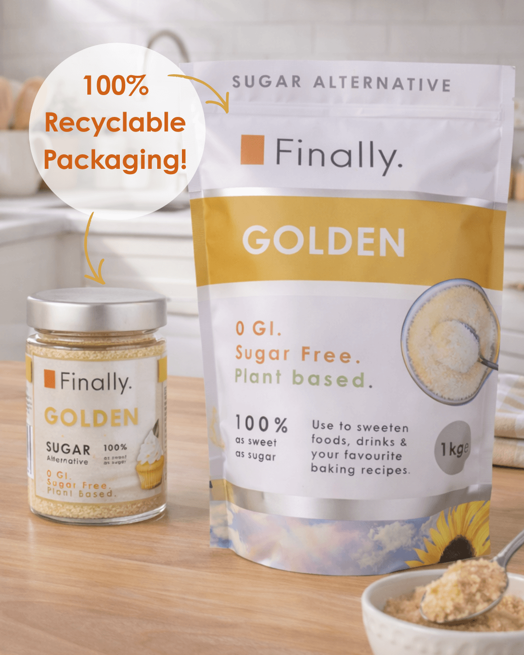 Finally Golden sugar alternative packaging on a wooden surface with a bowl of the product.