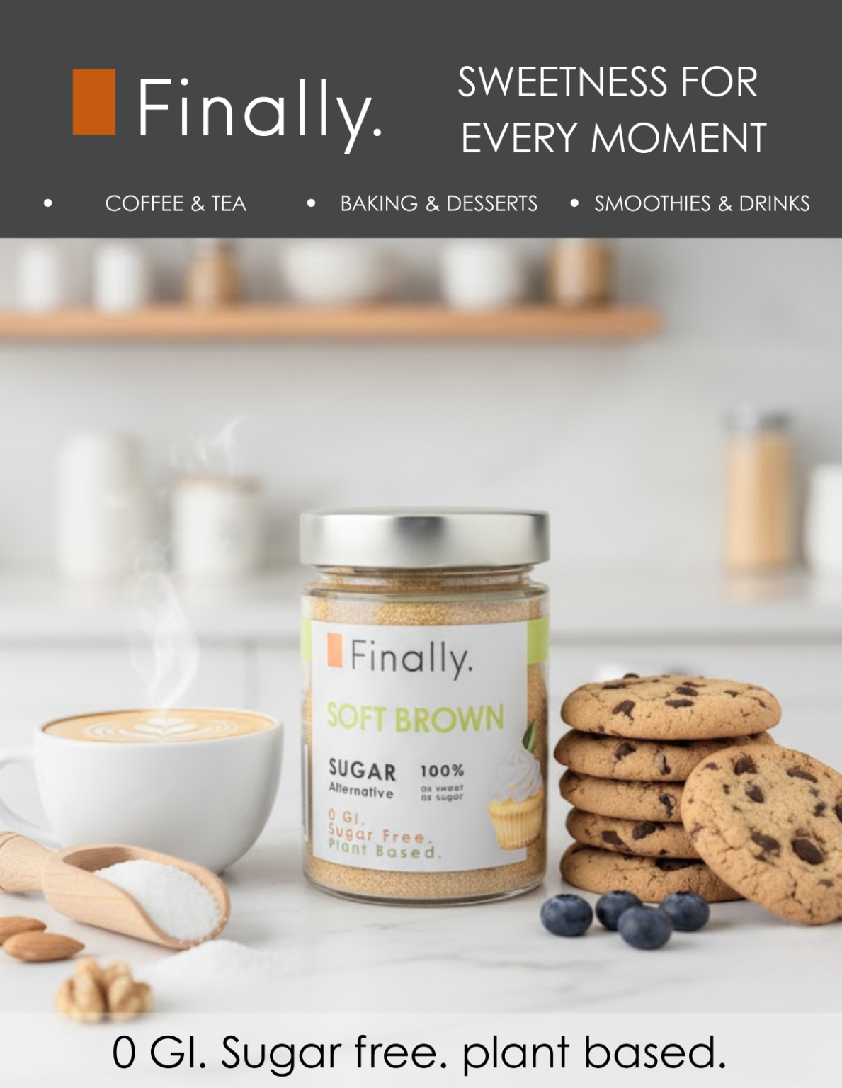 Jar of 'Finally' soft brown sugar alternative with cookies and coffee on a kitchen counter.