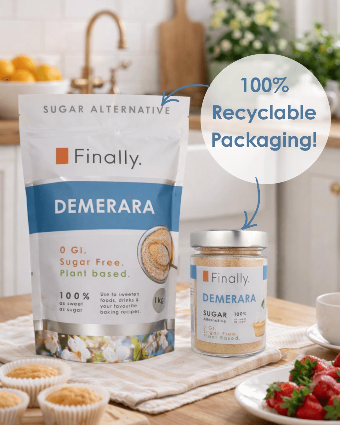 Finally Demerara sugar alternative packaging on a kitchen counter with '100% Recyclable Packaging!' text.