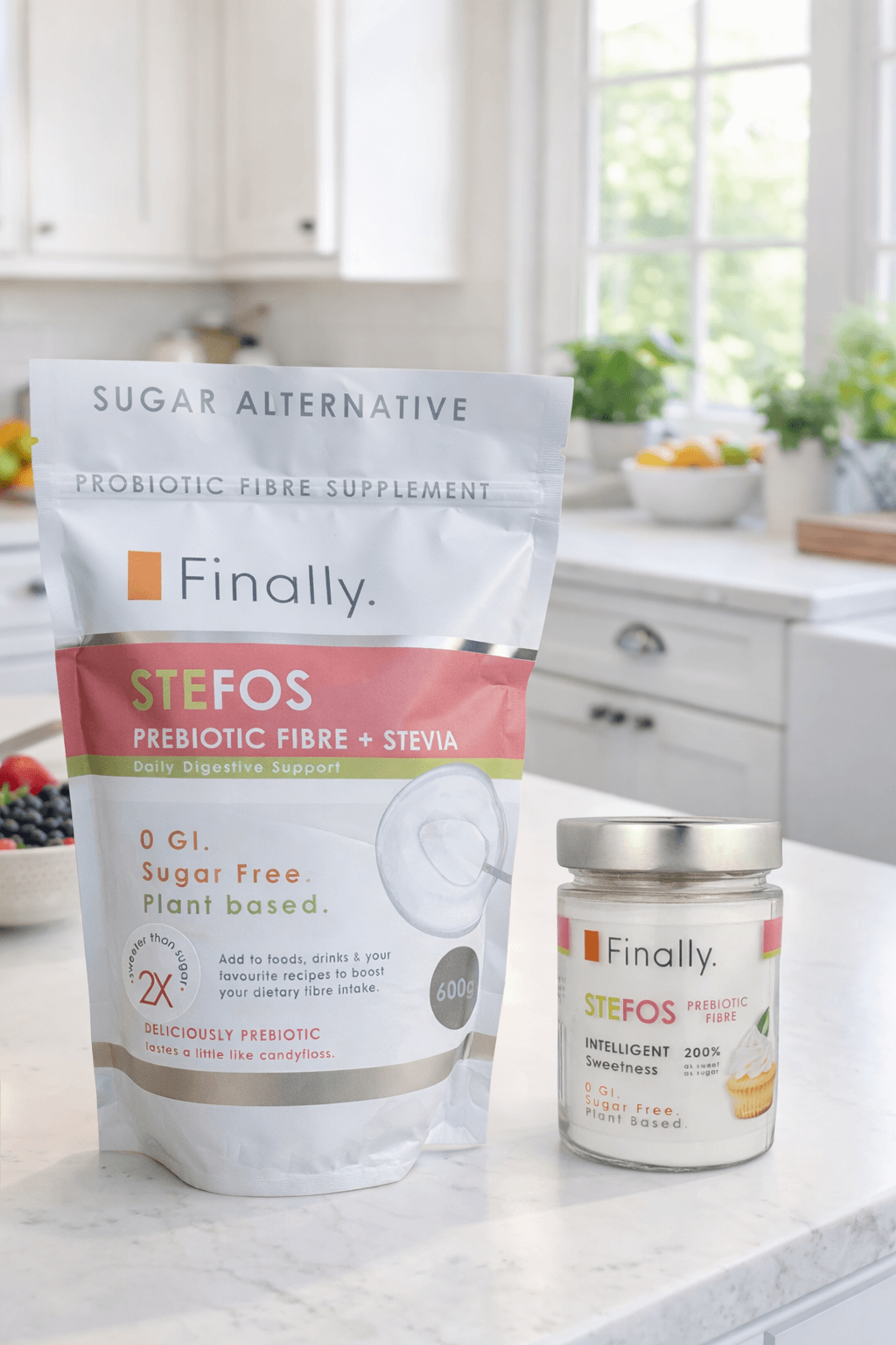 Finally Stefos prebiotic fiber supplement packaging on a kitchen counter.