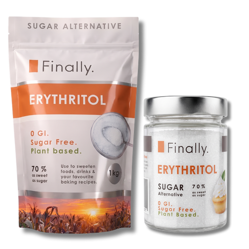 A white 1kg stand-up pouch and a small glass jar of Finally brand "ERYTHRITOL Sugar Alternative" sit side by side against a transparent checkerboard background. Both products feature an orange band with white text reading "ERYTHRITOL", alongside product claims including "0 GI. Sugar Free. Plant Based." and "70% as sweet as sugar." The jar on the right reveals a white, crystalline sugar-like texture inside.