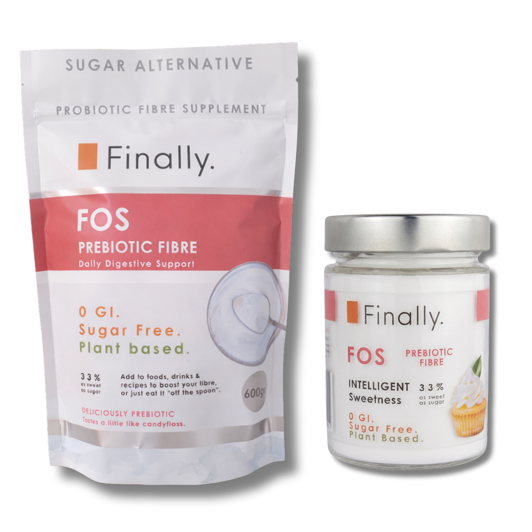 A stand-up pouch and a clear jar with a silver lid containing Finally. FOS Prebiotic Fibre supplement, shown on a plain white background.