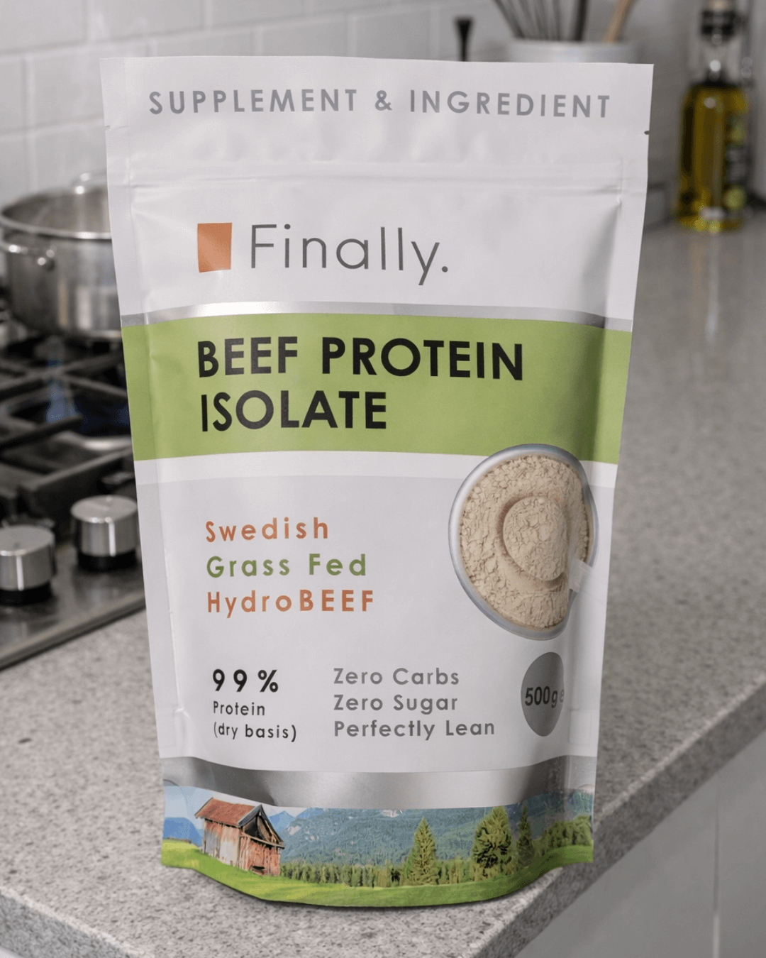 Package of Finally Beef Protein Isolate on a kitchen counter