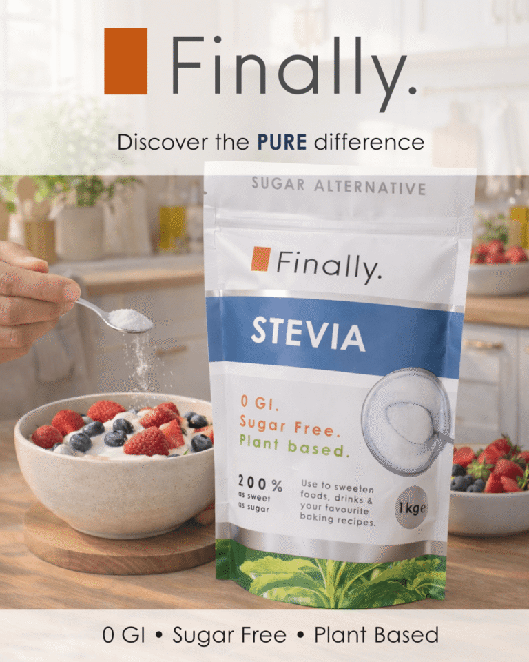 Finally. Stevia package with a person adding stevia to a bowl of berries in a kitchen setting.