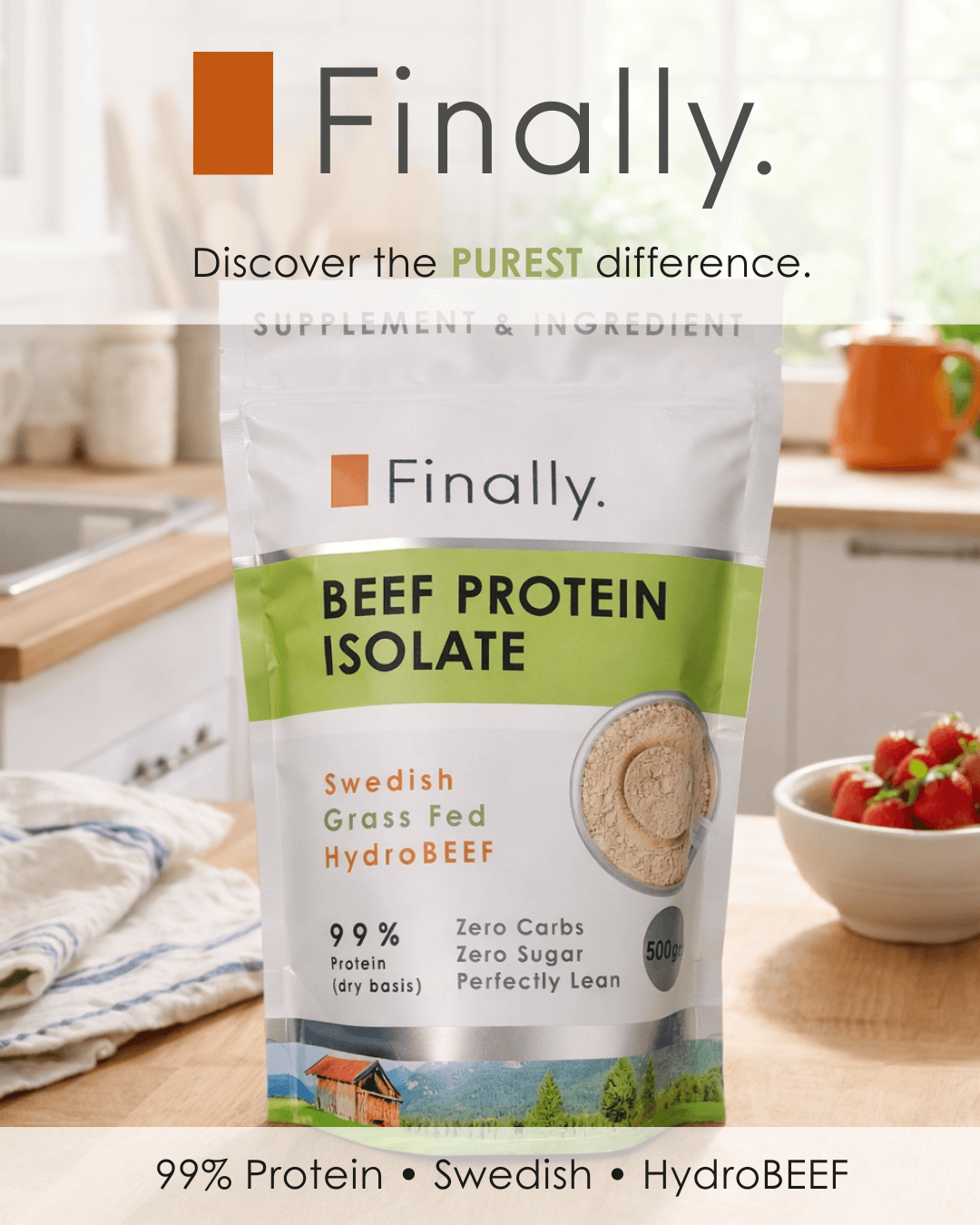Finally. Beef protein isolate package with kitchen background