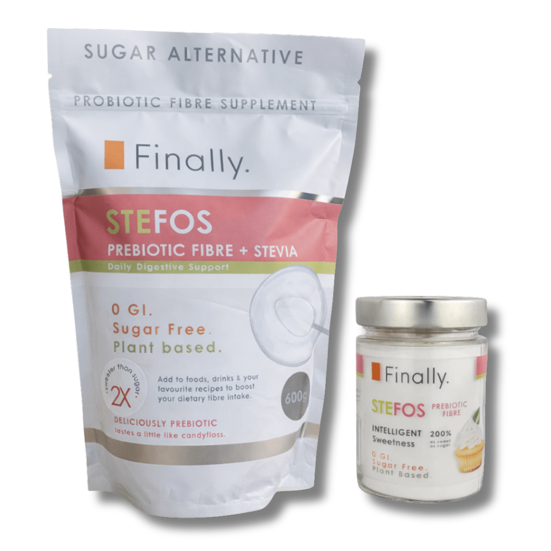 Two products from Finally: a package of STEFOS prebiotic fibre + stevia and a jar of STEFOS intelligent sweetness on a white background.
