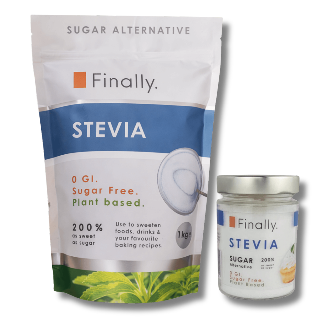 Finally. Stevia in jar and pouch with 'Finally' branding on a white background