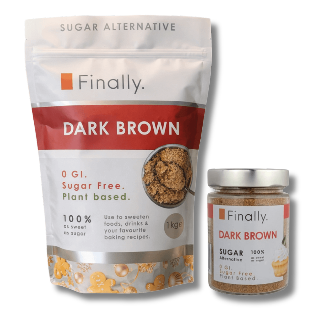 Dark Brown Sugar Alternative packaging with 'Finally' branding on a white background