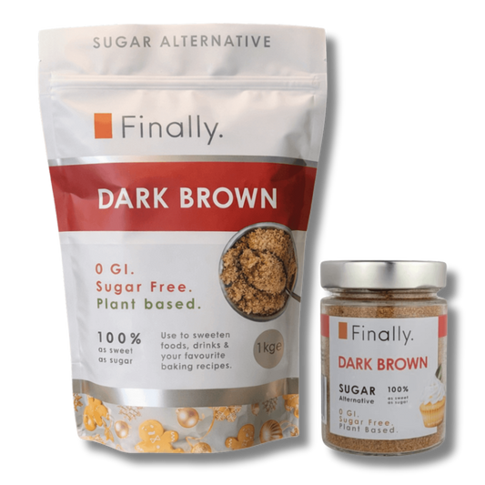 Dark Brown Sugar Alternative packaging with 'Finally' branding on a white background