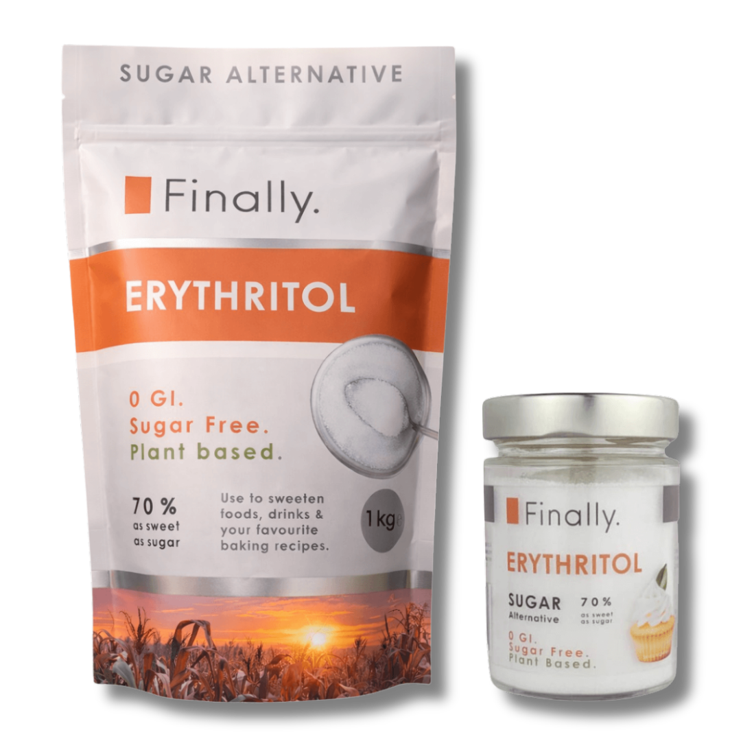 Finally. 100% Erythritol packaging with sunset design and jar on a white background