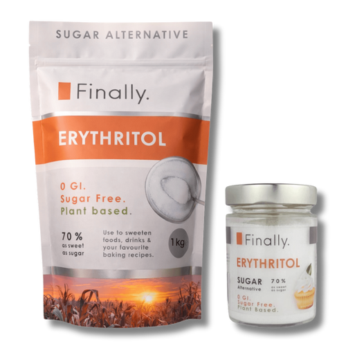 Finally. 100% Erythritol packaging with sunset design and jar on a white background
